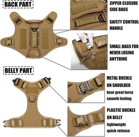 Tactical Dog Backpack Harness for Large Breed Original Design Metal Buckle Vest with Side Bags Pouches for Service Working Training (Khaki (with 2 Pouches), L) in Saudi Arabia