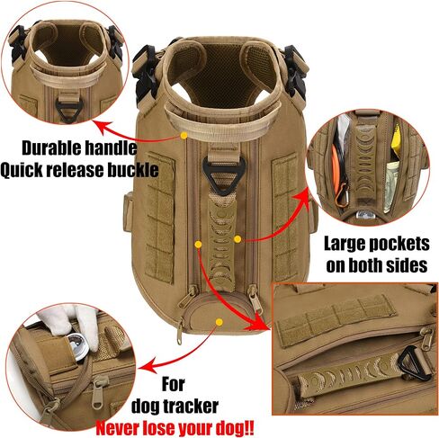 Tactical Dog Backpack Harness for Large Breed Original Design Metal Buckle Vest with Side Bags Pouches for Service Working Training (Khaki (with 2 Pouches), L) in Saudi Arabia