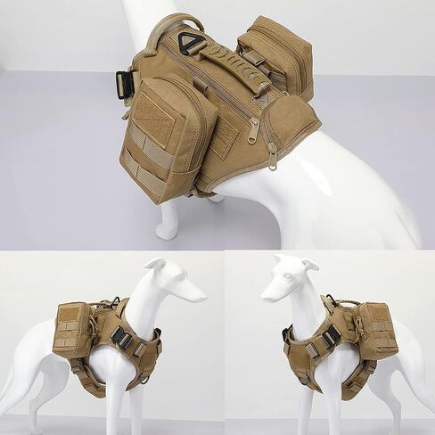 Tactical Dog Backpack Harness for Large Breed Original Design Metal Buckle Vest with Side Bags Pouches for Service Working Training (Khaki (with 2 Pouches), L) in Saudi Arabia