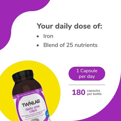 Twinlab Daily One Caps with Iron - Daily Multivitamin for Women & Men with 26 Essential Vitamins and Minerals - Vitamins for Energy, Immune Support, Stress Relief, Mood Boost, Eye Health, 180 Caps in Saudi Arabia