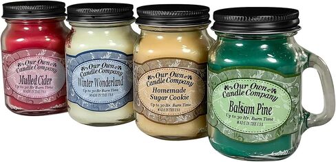 مجموعة من 4 شموع صغيرة من جرة ماسون من شركة Our Own Candle Company - 3.5 أونصة من خشب البلسم الصنوبر، 3.5 أونصة من بسكويت السكر محلي الصنع، 3.5 أونصة من عصير التفاح المطحون، 3.5 أونصة وينتر وندرلاند in Saudi Arabia