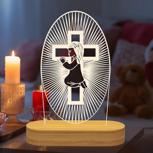 YuanDian Baptism Gift for Girls, Wooden Lamp Cross Night Light, Kids Decoration Novelty Lamp USB Power Bedroom Decor Christening Dedication Gift Godparents Gifts for Baptism in Saudi Arabia