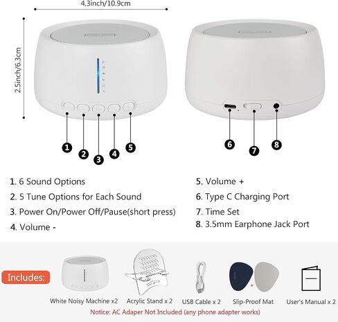 مجموعة الة ضوضاء بيضاء مكونة من قطعتين مع حامل اكريليك جمالي، مكبر صوت خارجي مدمج اثقل، 30 صوت طبيعي مهدئ للنوم، 3 مؤقتات تعمل بتيار متردد او USB، الة صوت للاطفال والكبار in Kuwait