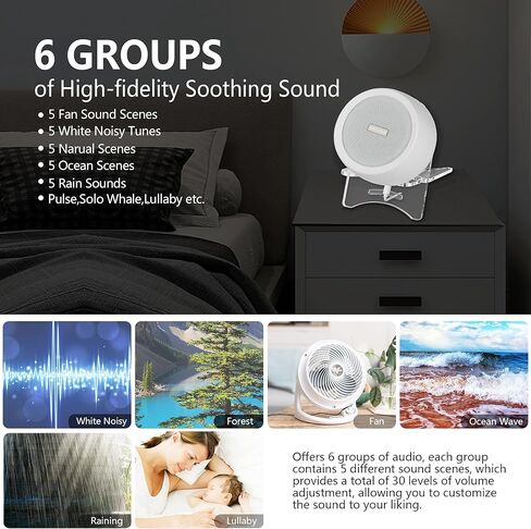 مجموعة الة ضوضاء بيضاء مكونة من قطعتين مع حامل اكريليك جمالي، مكبر صوت خارجي مدمج اثقل، 30 صوت طبيعي مهدئ للنوم، 3 مؤقتات تعمل بتيار متردد او USB، الة صوت للاطفال والكبار in Kuwait