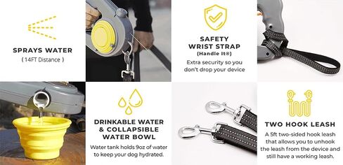 Leave it Leash - 5 ft. Durable Dog Leash with Water Bowl & 14 ft. Water Spray with Trigger | Dog Hiking Accessories | Collapsible Dog Bowl, Training Dog Leash | Dog Water Bottle Grey in Saudi Arabia