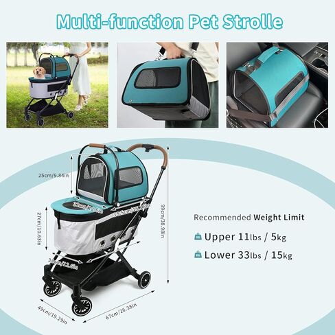 عربة كلب مزدوجة 4 عجلات قابلة للفصل لكلبين للمشي في الهواء الطلق، عربة حيوانات أليفة مزدوجة قابلة للقفل لقطتين، حامل حيوانات أليفة ذاتي الطي للحيوانات الأليفة الصغيرة والمتوسطة 22 رطل + 33 رطل زيارات الطبيب البيطري (أخضر) in Kuwait