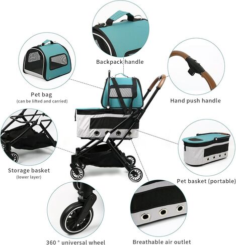 عربة كلب مزدوجة 4 عجلات قابلة للفصل لكلبين للمشي في الهواء الطلق، عربة حيوانات أليفة مزدوجة قابلة للقفل لقطتين، حامل حيوانات أليفة ذاتي الطي للحيوانات الأليفة الصغيرة والمتوسطة 22 رطل + 33 رطل زيارات الطبيب البيطري (أخضر) in Kuwait