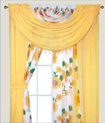 YHSF Laura Collection Complete Window Sheer Voile Curtain Panel Set with 4 Attached Panels 55" x 84" Valances with Beads and 2 Tiebacks - Easy Installation - Multicolor (Yellow Sunflower) in Saudi Arabia