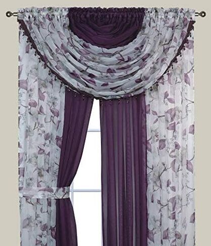 YHSF Laura Collection Complete Window Sheer Voile Curtain Panel Set with 4 Attached Panels 55" x 84" Valances with Beads and 2 Tiebacks - Easy Installation - Multicolor (Yellow Sunflower) in Saudi Arabia