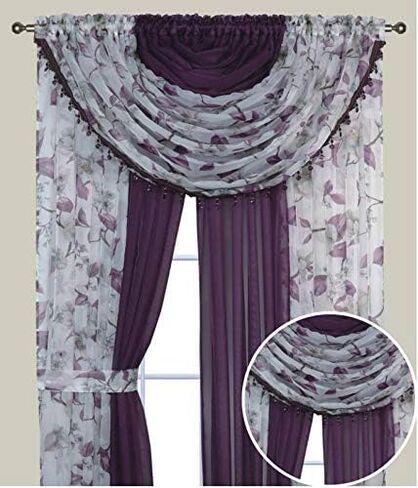YHSF Laura Collection Complete Window Sheer Voile Curtain Panel Set with 4 Attached Panels 55" x 84" Valances with Beads and 2 Tiebacks - Easy Installation - Multicolor (Yellow Sunflower) in Saudi Arabia