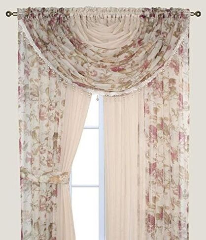 YHSF Laura Collection Complete Window Sheer Voile Curtain Panel Set with 4 Attached Panels 55" x 84" Valances with Beads and 2 Tiebacks - Easy Installation - Multicolor (Yellow Sunflower) in Saudi Arabia