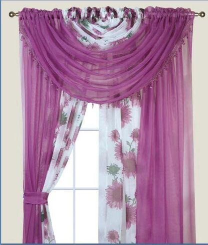 YHSF Laura Collection Complete Window Sheer Voile Curtain Panel Set with 4 Attached Panels 55" x 84" Valances with Beads and 2 Tiebacks - Easy Installation - Multicolor (Yellow Sunflower) in Saudi Arabia