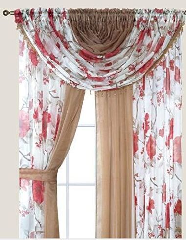 YHSF Laura Collection Complete Window Sheer Voile Curtain Panel Set with 4 Attached Panels 55" x 84" Valances with Beads and 2 Tiebacks - Easy Installation - Multicolor (Yellow Sunflower) in Saudi Arabia