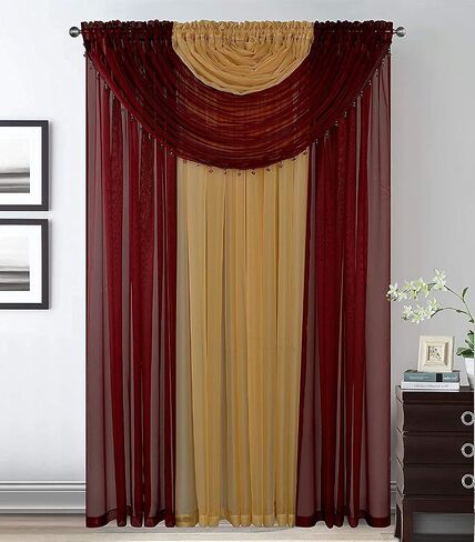 YHSF Laura Collection Complete Window Sheer Voile Curtain Panel Set with 4 Attached Panels 55" x 84" Valances with Beads and 2 Tiebacks - Easy Installation - Multicolor (Yellow Sunflower) in Saudi Arabia