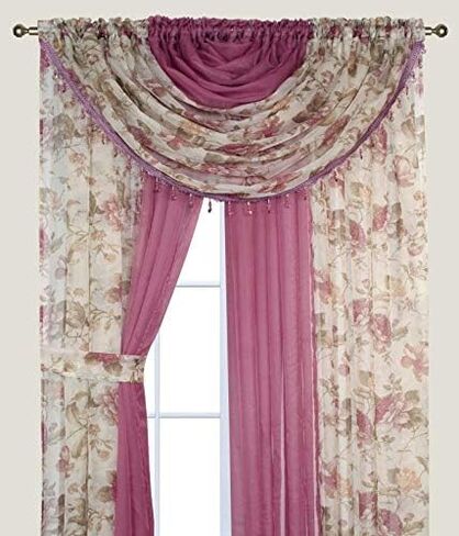YHSF Laura Collection Complete Window Sheer Voile Curtain Panel Set with 4 Attached Panels 55" x 84" Valances with Beads and 2 Tiebacks - Easy Installation - Multicolor (Yellow Sunflower) in Saudi Arabia