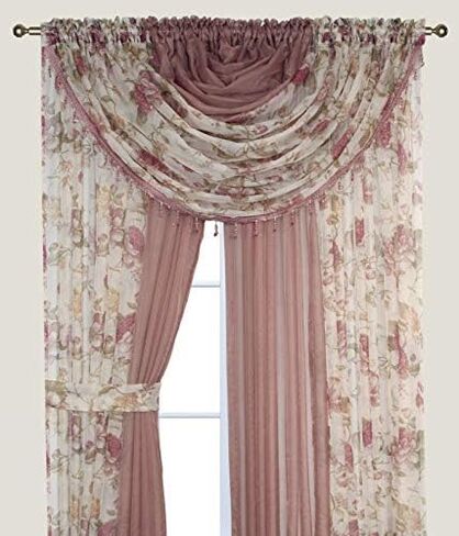 YHSF Laura Collection Complete Window Sheer Voile Curtain Panel Set with 4 Attached Panels 55" x 84" Valances with Beads and 2 Tiebacks - Easy Installation - Multicolor (Yellow Sunflower) in Saudi Arabia