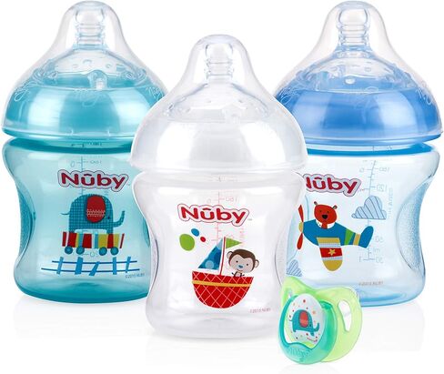 Nuby Natural Touch 3 Pack Bottles with Slow Flow Nipple & Bonus Ortho Pacifier- Boy in Saudi Arabia