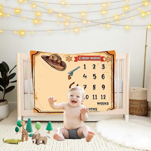 KIKIDOR Western Cowboy Baby Monthly Milestone Blanket Country Leather Boots Cowboy Hat Newborn Photo Props Baby Shower Party Decor New Baby to 12 Months Growth Calendar Blanket 48x40 inch BTZYKI82 in Kuwait