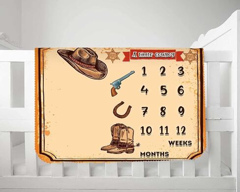 KIKIDOR Western Cowboy Baby Monthly Milestone Blanket Country Leather Boots Cowboy Hat Newborn Photo Props Baby Shower Party Decor New Baby to 12 Months Growth Calendar Blanket 48x40 inch BTZYKI82 in Kuwait