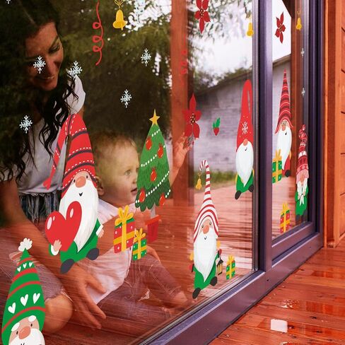 WALPLUS عيد الميلاد نافذة يتمسك زينة عيد الميلاد التخليص عيد الميلاد الجدار ملصق على الوجهين قابلة لإعادة الاستخدام قشر وعصا قابلة للإزالة لغرفة المعيشة الزجاجية التماثيل عيد الميلاد والثلج 63 قطعة in Kuwait