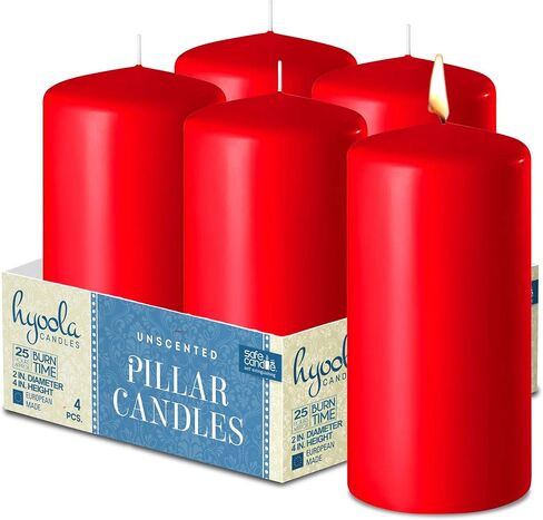 HYOOLA Red Pillar Candles 2-inch x 4-inch - Unscented Pillar Candles - Set of 4 - European Made in Kuwait