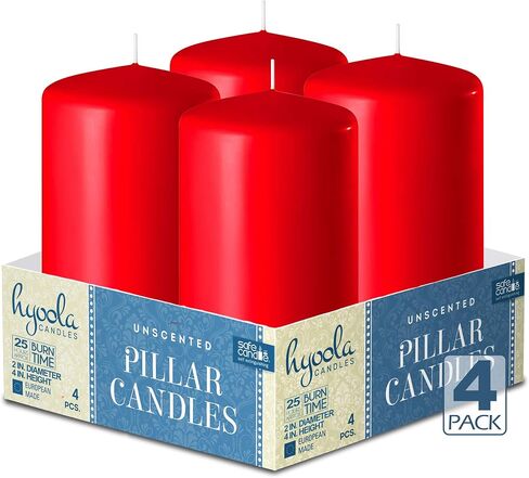 HYOOLA Red Pillar Candles 2-inch x 4-inch - Unscented Pillar Candles - Set of 4 - European Made in Kuwait