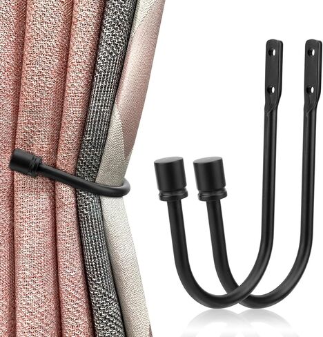 Curtain Tieback Hooks, 1 Pair Heavy-Duty Metal Drapery Tieback Hooks Wall Mounted Drape Holder for Voiles Curtain Holdback (Black) in Kuwait