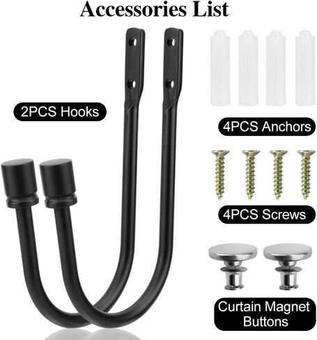 Curtain Tieback Hooks, 1 Pair Heavy-Duty Metal Drapery Tieback Hooks Wall Mounted Drape Holder for Voiles Curtain Holdback (Black) in Kuwait