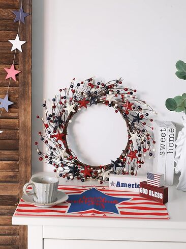 4th of July Independence Day Red Blue White Americana Wreath, 18 inch Patriotic Wreath for Front Door, Memorial Day Berry Wreath Decorations in Kuwait