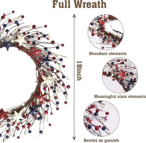4th of July Independence Day Red Blue White Americana Wreath, 18 inch Patriotic Wreath for Front Door, Memorial Day Berry Wreath Decorations in Kuwait