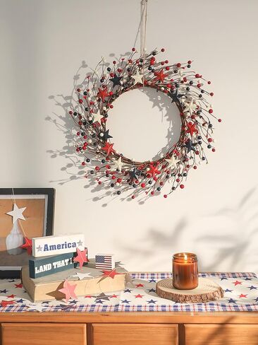 4th of July Independence Day Red Blue White Americana Wreath, 18 inch Patriotic Wreath for Front Door, Memorial Day Berry Wreath Decorations in Kuwait