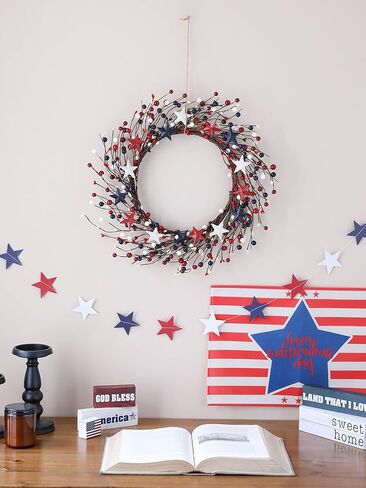 4th of July Independence Day Red Blue White Americana Wreath, 18 inch Patriotic Wreath for Front Door, Memorial Day Berry Wreath Decorations in Kuwait
