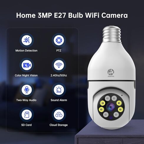 كاميرا JOOAN 5G/2.4G WiFi لمصباح الإضاءة، كاميرا داخلية 360 درجة، كاميرا للحيوانات الأليفة 2K لأمن المنزل، تخزين بطاقة السحابة وSD، سهلة التركيب، رؤية ليلية بالأشعة تحت الحمراء/اللون in Kuwait
