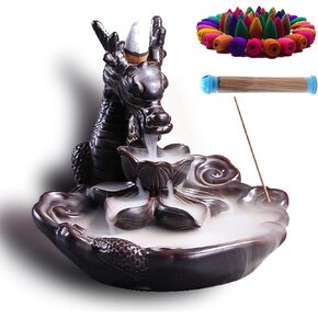 Dragon Incense Waterfall Burner Ceramic Backflow Incense Holder Set with Incense Cones and Incense Sticks, Dragon Ornament for Home Décor