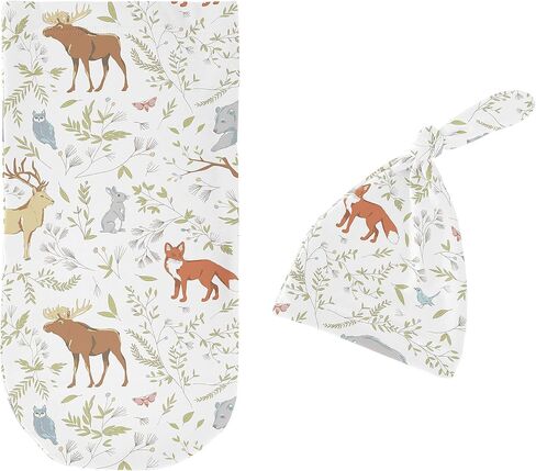 Sweet Jojo Designs Woodland Animal Toile Baby Boy or Girl Cocoon and Beanie Hat 2pc Set Jersey Stretch Knit Sleeping Bag for Infant Newborn Nursery Sleep Wrap Sack - Grey Green Forest Bear Deer Fox in Kuwait