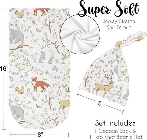 Sweet Jojo Designs Woodland Animal Toile Baby Boy or Girl Cocoon and Beanie Hat 2pc Set Jersey Stretch Knit Sleeping Bag for Infant Newborn Nursery Sleep Wrap Sack - Grey Green Forest Bear Deer Fox in Kuwait