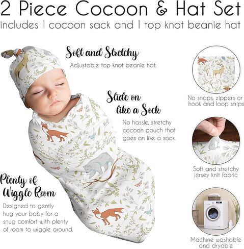 Sweet Jojo Designs Woodland Animal Toile Baby Boy or Girl Cocoon and Beanie Hat 2pc Set Jersey Stretch Knit Sleeping Bag for Infant Newborn Nursery Sleep Wrap Sack - Grey Green Forest Bear Deer Fox in Kuwait