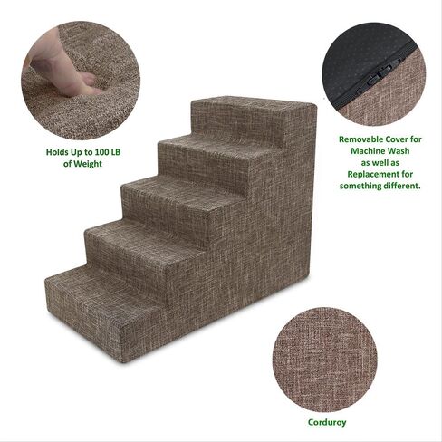 Best Pet Supplies Dog Stairs for Small Dogs & Cats, Foam Pet Steps Portable Ramp for Couch Sofa and High Bed Non-Slip Balanced Indoor Step Support, Paw Safe No Assembly - Brown Linen, 5-Step in Saudi Arabia