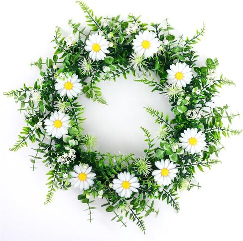 كوتسن اكليل زهور الاقحوان الاصطناعية مقاس 21 انش، اكليل من الزهور الخضراء للجبهة الخارجية والربيع والخريف والشتاء والباب والنافذة للتعليق في المزرعة وحفلات الزفاف والحديقة والديكور الداخلي والخارجي in Kuwait