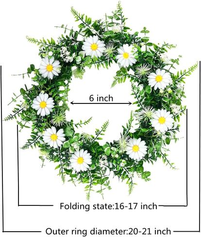 كوتسن اكليل زهور الاقحوان الاصطناعية مقاس 21 انش، اكليل من الزهور الخضراء للجبهة الخارجية والربيع والخريف والشتاء والباب والنافذة للتعليق في المزرعة وحفلات الزفاف والحديقة والديكور الداخلي والخارجي in Kuwait