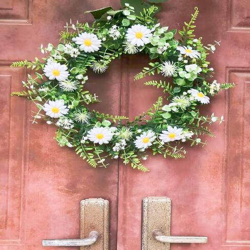 كوتسن اكليل زهور الاقحوان الاصطناعية مقاس 21 انش، اكليل من الزهور الخضراء للجبهة الخارجية والربيع والخريف والشتاء والباب والنافذة للتعليق في المزرعة وحفلات الزفاف والحديقة والديكور الداخلي والخارجي in Kuwait