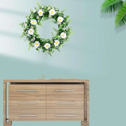 كوتسن اكليل زهور الاقحوان الاصطناعية مقاس 21 انش، اكليل من الزهور الخضراء للجبهة الخارجية والربيع والخريف والشتاء والباب والنافذة للتعليق في المزرعة وحفلات الزفاف والحديقة والديكور الداخلي والخارجي in Kuwait