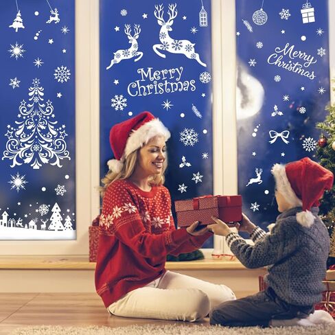 steford الأبيض رقاقات الثلج كبيرة عيد الميلاد نافذة يتمسك الزينة، على الوجهين عيد ميلاد سعيد جل نافذة ملصقات الشارات، ديكور نافذة عيد الميلاد، 120+ قطعة in Kuwait