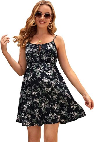 OYOANGLE Women's Maternity Floral Print Tie Front Backless Sleeveless Cami Short Dress in Saudi Arabia