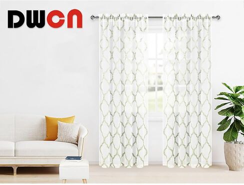 ستائر DWCN رمادية مغربية شفافة - ستائر هندسية مطرزة من الكتان الصناعي بجيب شبه فوال لغرفة النوم وغرفة المعيشة، مجموعة من لوحتين نافذة، طول 52 × 63 بوصة، أبيض ورمادي in Saudi Arabia