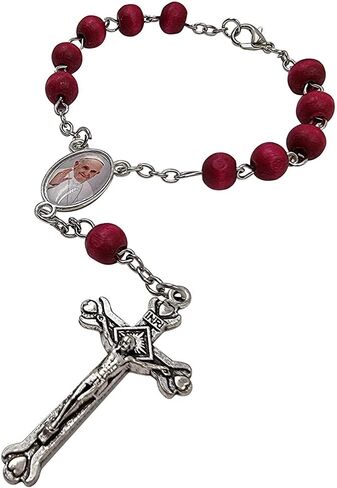 Treasure4U-Store One Decade Auto Rosary for Rearview Mirror Rose Scented Wood Beads Catholic Bracelet Pope Francis Centerpiece Religious Gift Car Truck Travel Protection, Red in Kuwait