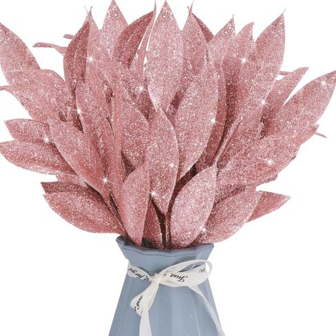 16 Pcs Artificial Glitter Leaves 13.8 Inch Fake Plants Branches Leaf Christmas Tree Picks Sparkling Fillers Sprays for Xmas Wreath Garland DIY Crafts Home Holiday Arrangement Decor (16, Rose Gold) in Saudi Arabia