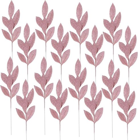 16 Pcs Artificial Glitter Leaves 13.8 Inch Fake Plants Branches Leaf Christmas Tree Picks Sparkling Fillers Sprays for Xmas Wreath Garland DIY Crafts Home Holiday Arrangement Decor (16, Rose Gold) in Saudi Arabia