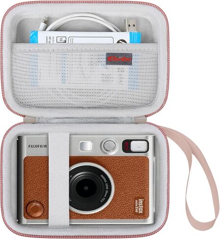 حقيبة حمل كاميرا Elonbo متوافقة مع كاميرا Fujifilm Instax Mini EVO الفورية، غطاء عدسة الكاميرا، حامل تخزين واقي للسفر، جيب شبكي يناسب شاحن الفيلم، وردي + وردي داخلي in Kuwait