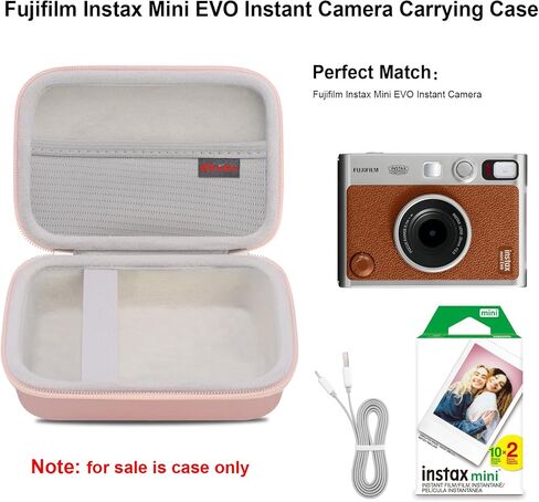 حقيبة حمل كاميرا Elonbo متوافقة مع كاميرا Fujifilm Instax Mini EVO الفورية، غطاء عدسة الكاميرا، حامل تخزين واقي للسفر، جيب شبكي يناسب شاحن الفيلم، وردي + وردي داخلي in Kuwait